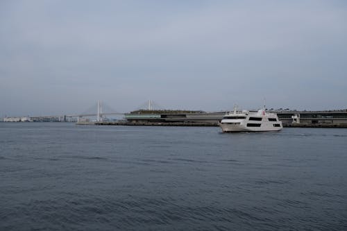 A boat is docked in the water near a bridge