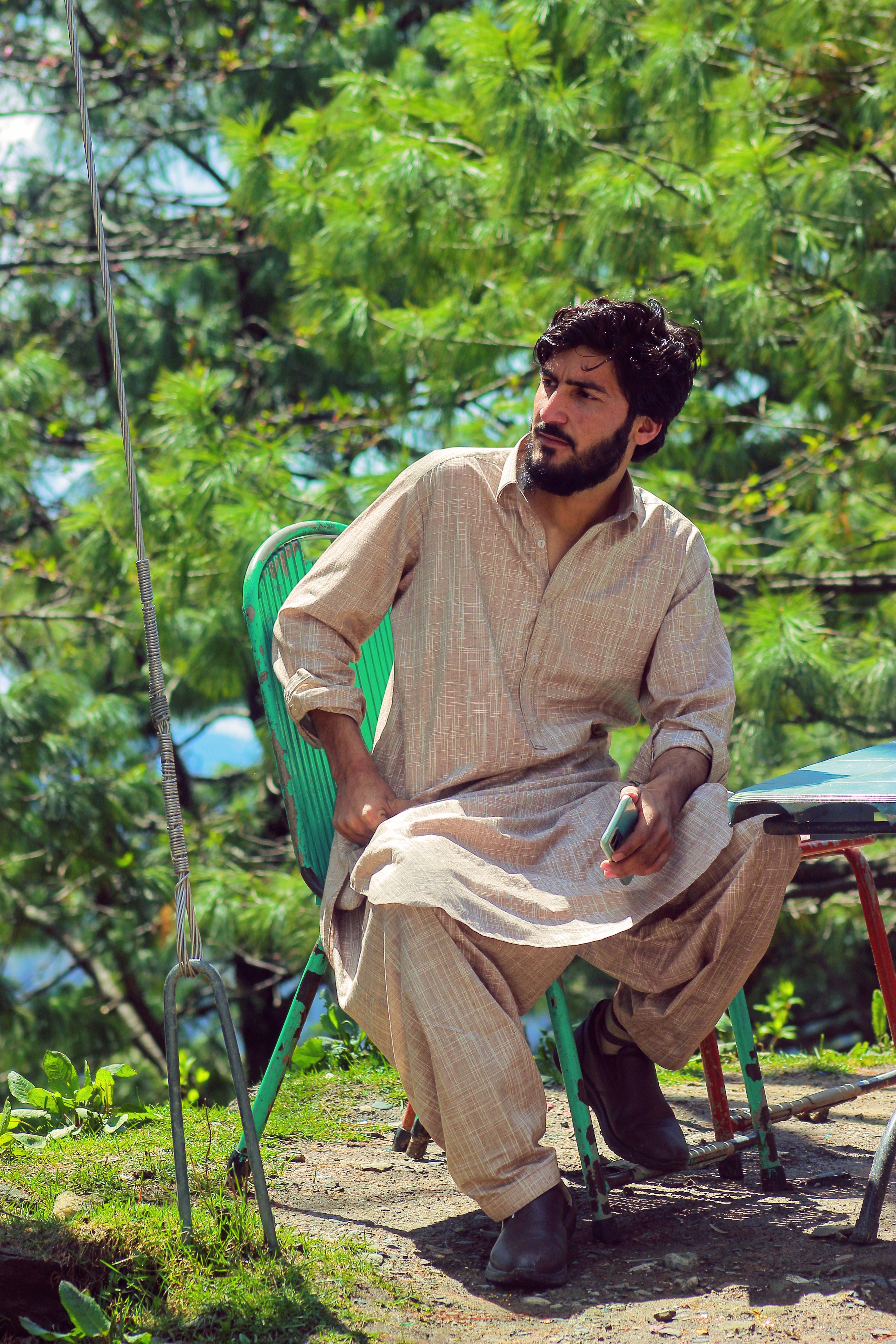 A bearded man sitting outdoors in traditional attire holding a smartphone.