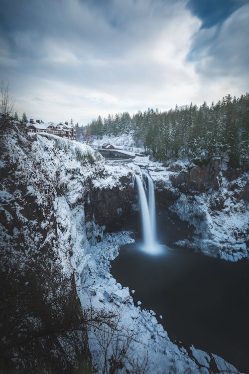 Waterfalls on Glacier Mountain Near Trees