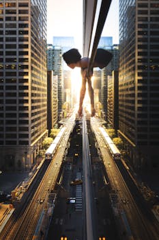 日落时分，一名女子映衬着高耸的摩天大楼和高架火车，构成了一幅充满活力的城市场景