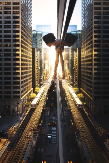 A dynamic urban scene featuring a woman reflecting tall skyscrapers and an elevated train at sunset.