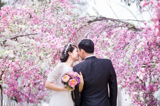 Bride and groom sharing a kiss under vibrant cherry blossoms in a romantic outdoor setting.