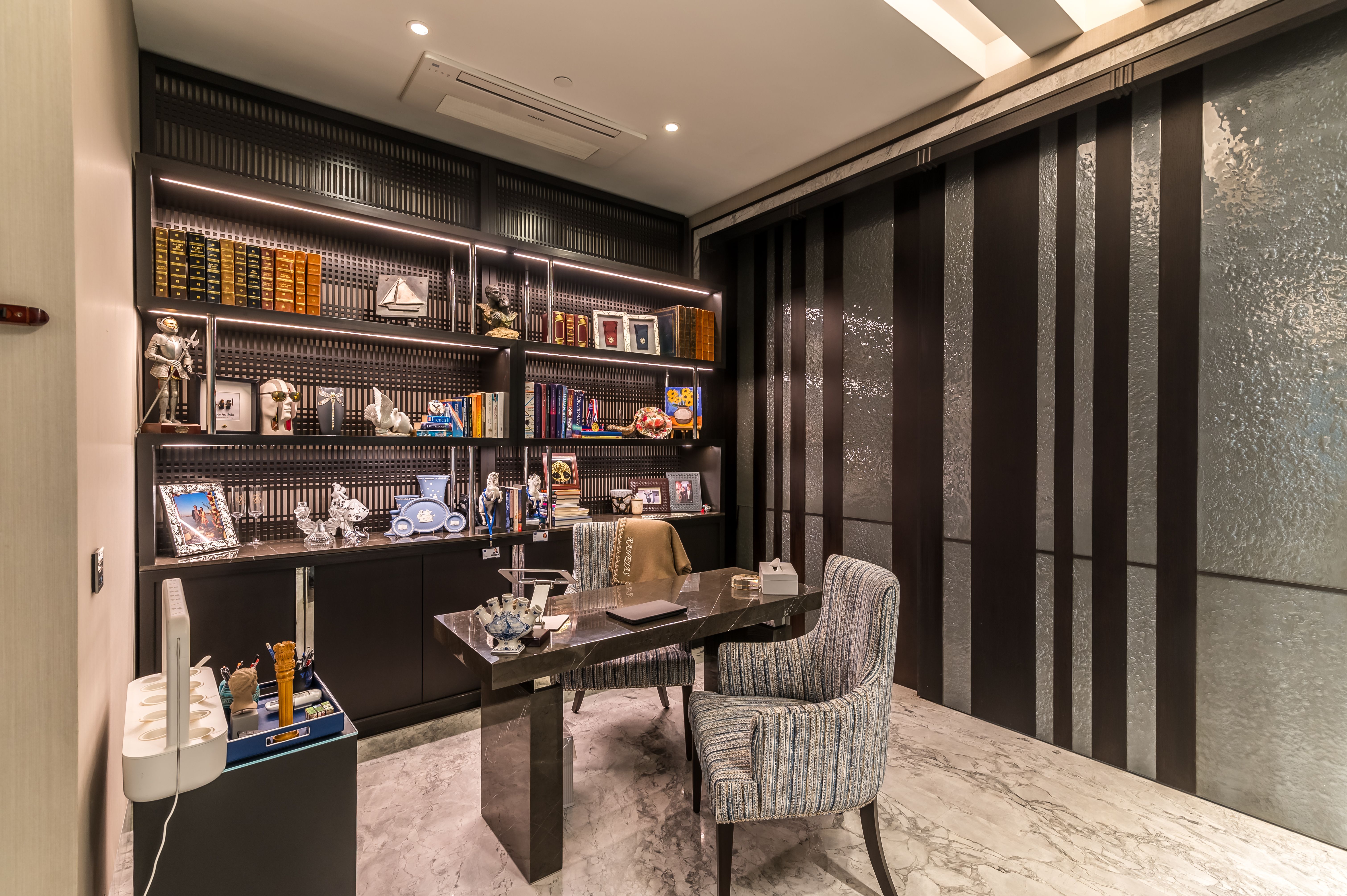 A serene and high-end private consultation suite featuring minimalist design and a panoramic skyline view.