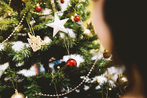 免费 绿色圣诞树与装饰的选择性焦点摄影 素材图片