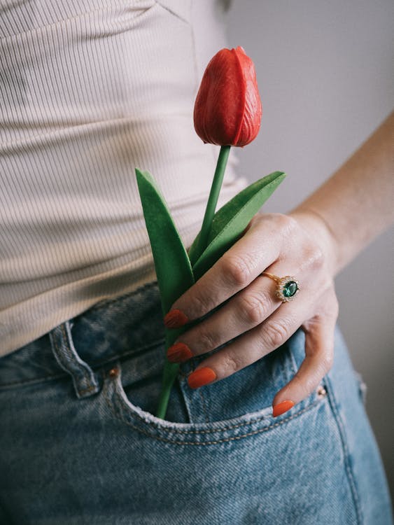 Darmowe zdjęcie z galerii z biały top, czerwone paznokcie, czerwony tulipan
