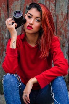 在质朴的背景下，时尚的女摄影师手持数码单反相机合影