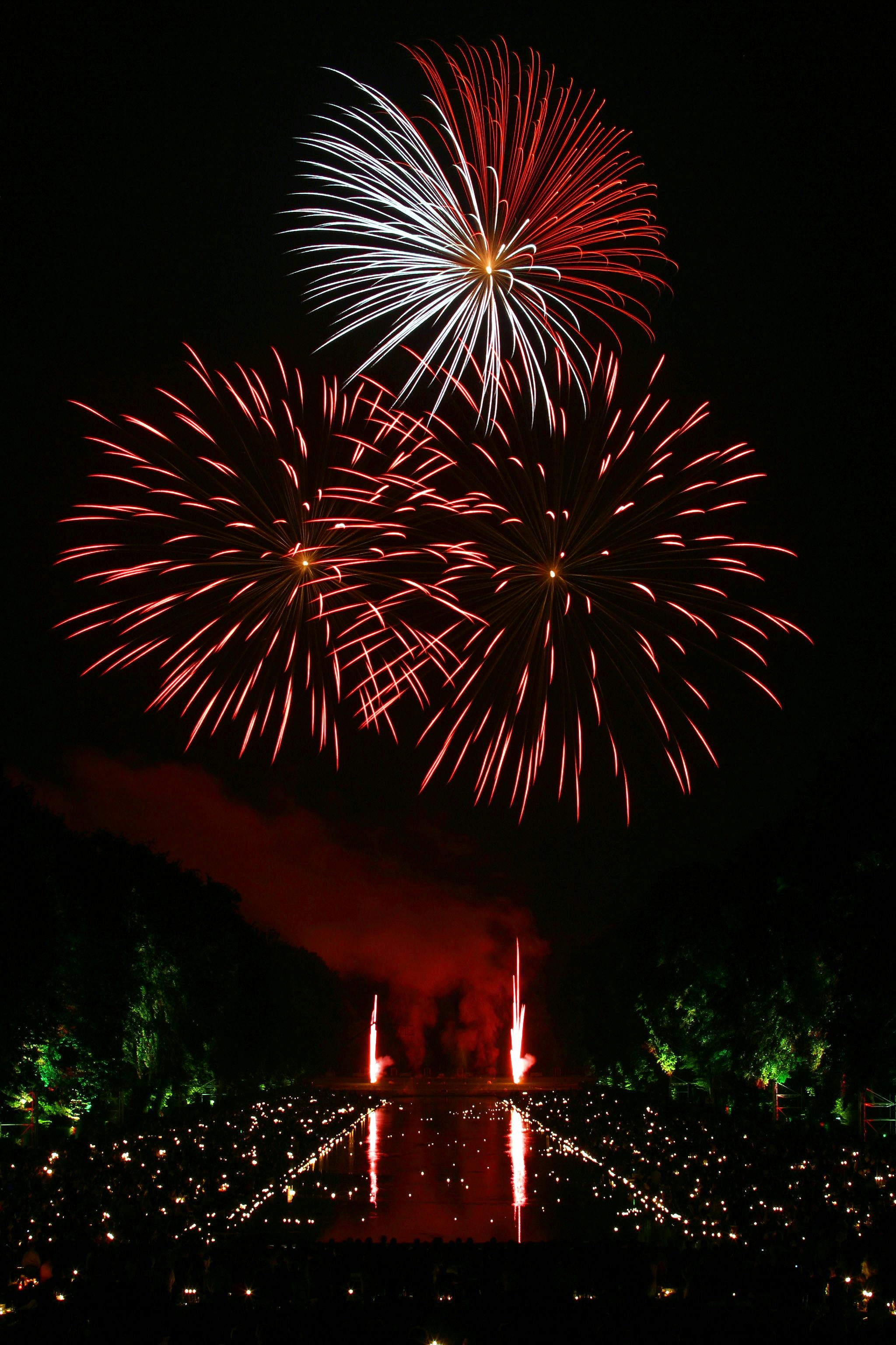 red and white fireworks scattered during nighttime