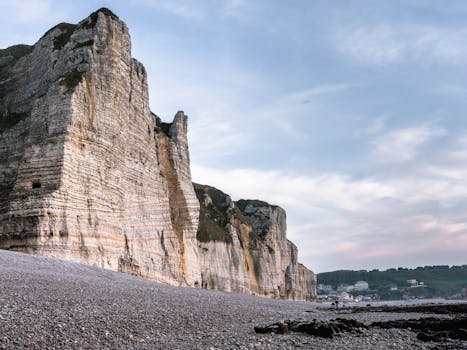 Stunning view of Étretat's iconic white cliffs on the Normandy coast, ideal for travel enthusiasts.