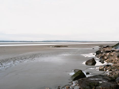 Peaceful low tide shoreline with rocks and sand at Mont Saint-Michel, Normandy, France.