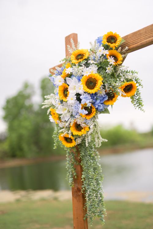 Free Beautiful sunflower arrangement on a wooden frame by a lake during summer. Stock Photo