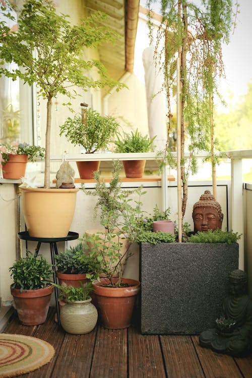 A balcony with pots of plants and a statue