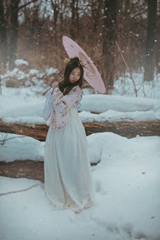 冬日森林中，一名身着和服、撑着粉色雨伞的女子立于雪中