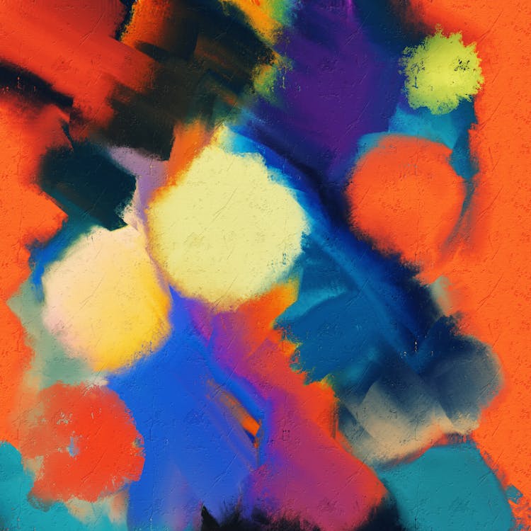 Abstract painting of orange, blue and yellow