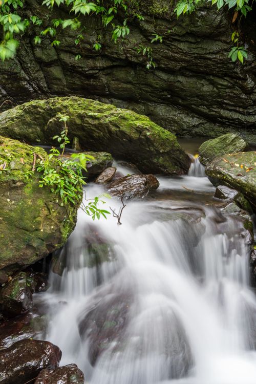 Free Tranquil waterfall cascading over moss-covered rocks in a lush forest setting, perfect for nature enthusiasts. Stock Photo