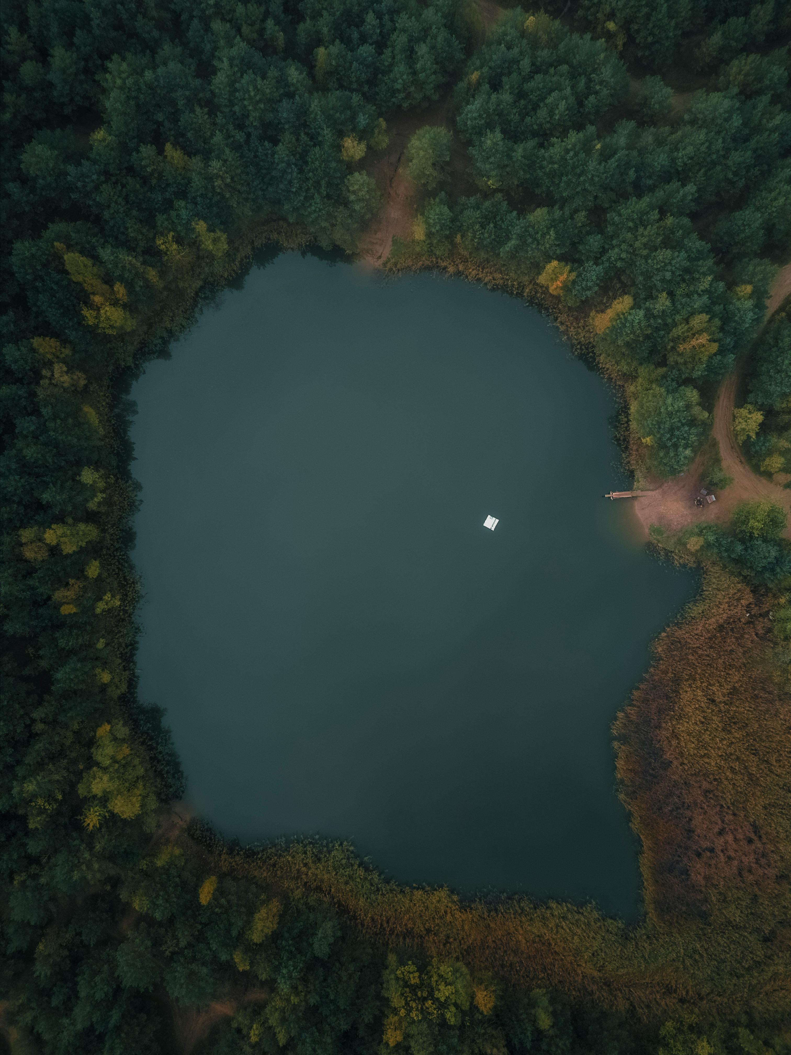A serene aerial shot of a forest lake surrounded by lush greenery in Wolmirstedt, Germany.