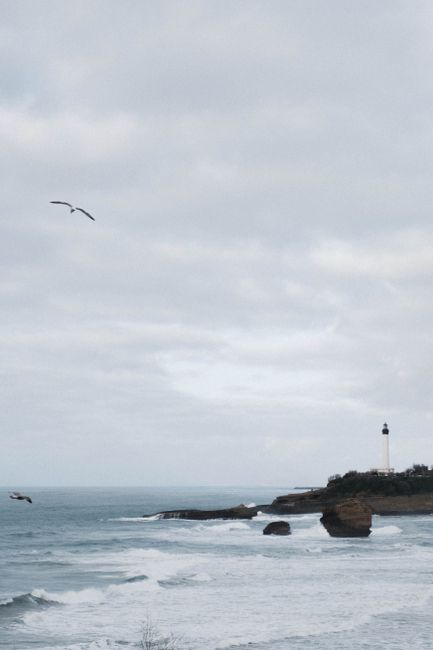 A scenic view of Biarritz’s lighthouse and seascape with flying seagulls under a cloudy sky.