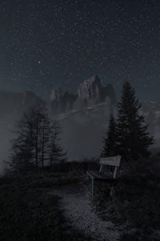 星空下，一张长凳置于宁静的场景中，背景是山脉