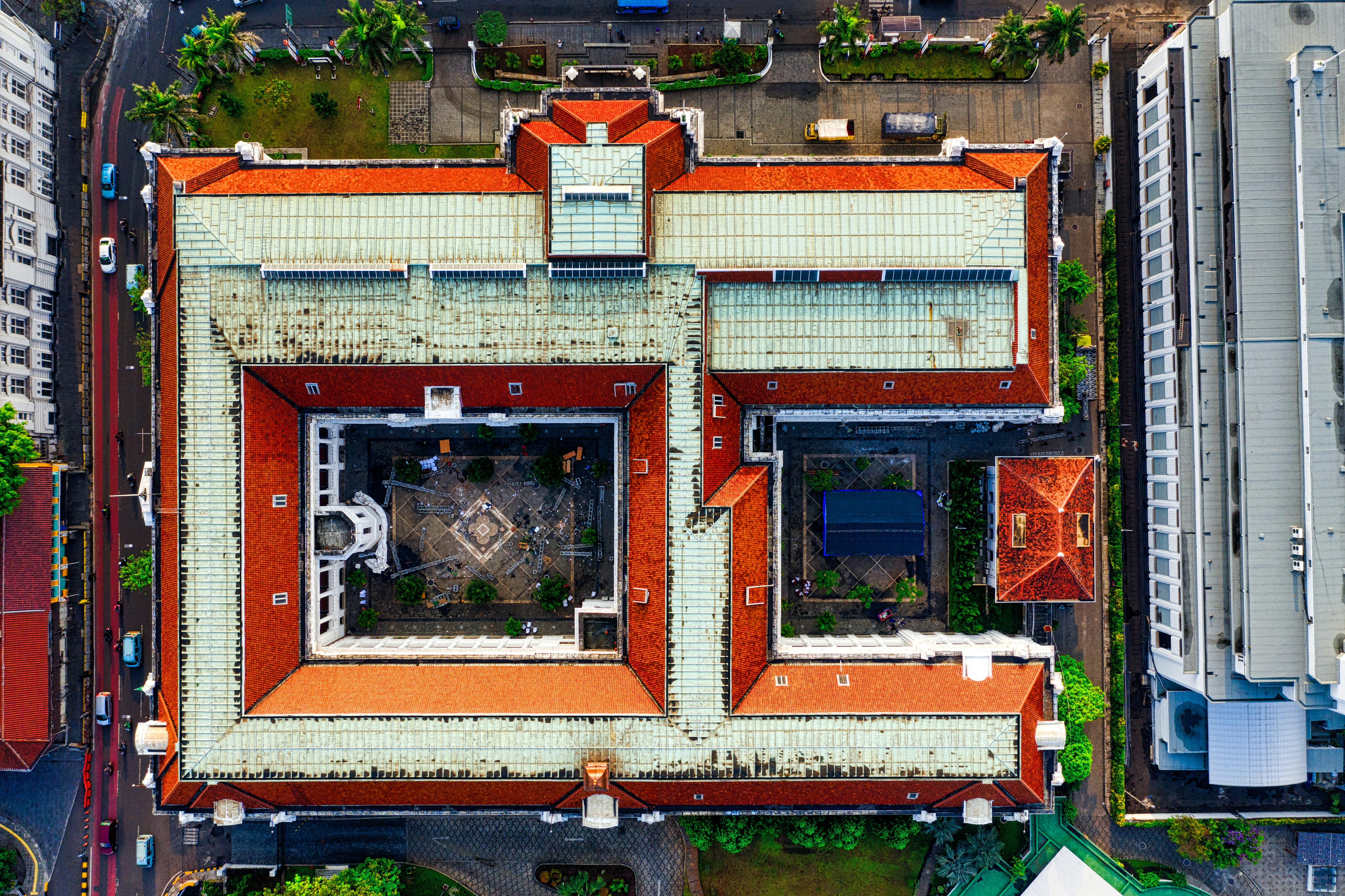 top view of red and white building