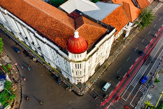 Aerial view capturing the iconic architecture of a historic building in Jakarta, Indonesia.