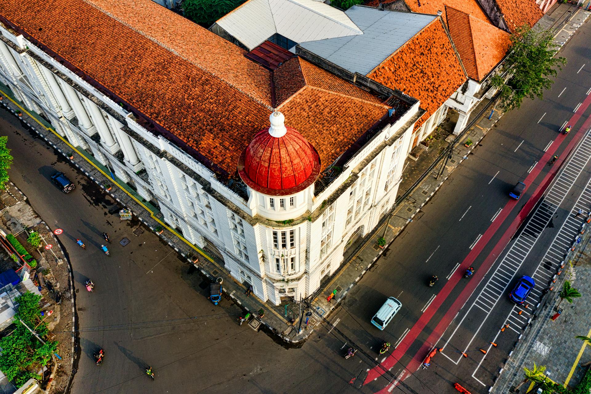 Aerial view capturing the iconic architecture of a historic building in Jakarta, Indonesia.