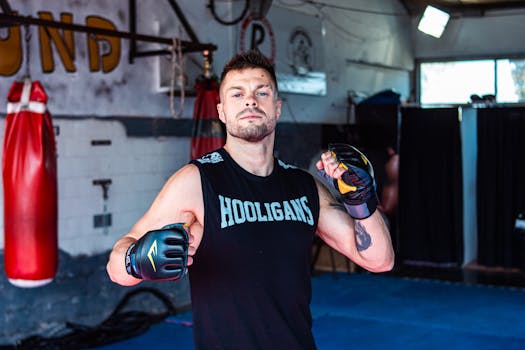 A muscular man poses confidently in an urban gym with boxing gloves.