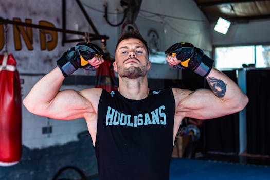 Determined athlete flexing in gym, showcasing strength and muscular build.