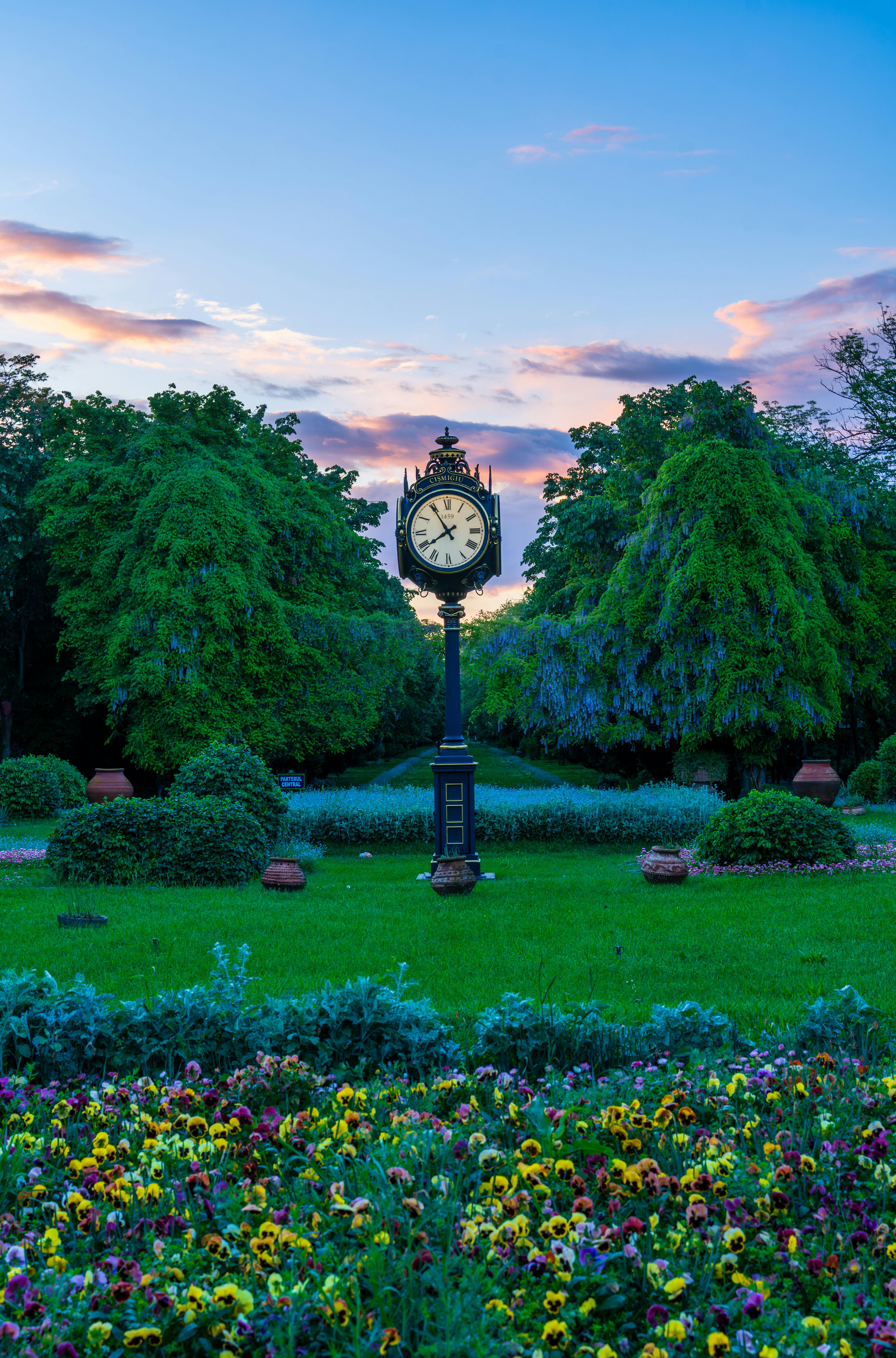 Ceas pe o bancă de grădină, sugerând relaxare și timp petrecut în natură