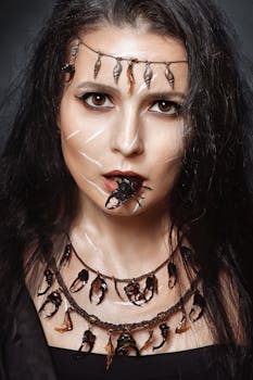 一位佩戴甲虫珠宝、妆容精致的女子肖像，营造出神秘而时尚大胆的造型