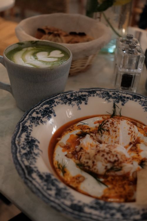 Free matcha latte with shashuka Stock Photo