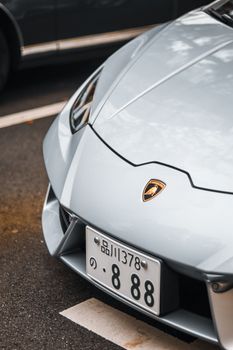 Detailed view of a silver Lamborghini's front bumper showcasing its sleek design.