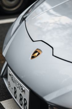 Detailed close-up of Lamborghini emblem on sleek silver car hood.