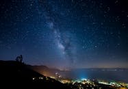 太浩湖上空宁静的银河系景色迷人，城市灯光闪烁