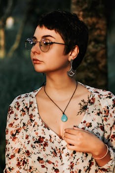 一位戴着眼镜、身着带有纹身和珠宝图案的花卉连衣裙的女子肖像