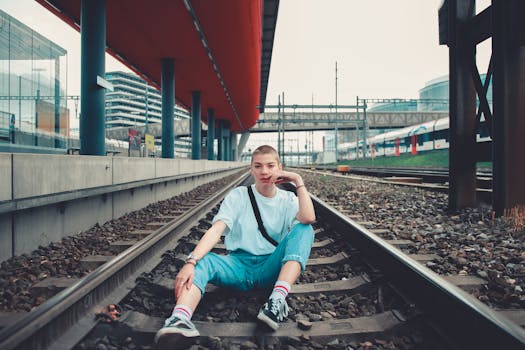 一位年轻女子身着休闲装，充满现代气息地坐在城市铁轨上