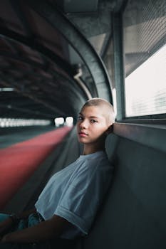 一名年轻女子留着短发，在灯光昏暗的现代地铁站里放松身心