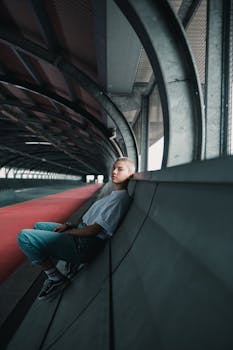 Urban portrait of a woman in a modern subway terminal, relaxed and introspective.