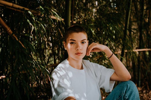 夏日里，一个女人沉思地坐在竹林中的户外时尚肖像