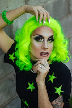 Striking drag queen with neon green wig and makeup posing in São Paulo.