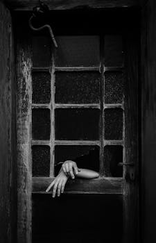 一只从玻璃镶板的木门中伸出的手，定格在黑白照片里
