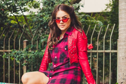 一位穿着时髦的女人在户外穿着红色格子衬衫和夹克摆姿势