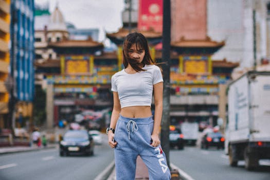 在城市背景中，时尚女性穿着街头服饰拍摄街头时尚