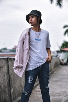 Fashionable young man poses in trendy streetwear with hat and ripped jeans in an urban environment.