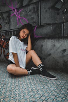 一名穿着休闲街头服装的年轻女子在涂鸦墙前摆姿势