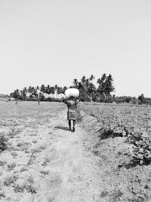 Фотография женщины, идущей по тропе в оттенках серого