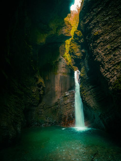 A waterfall in a cave in Slovenia