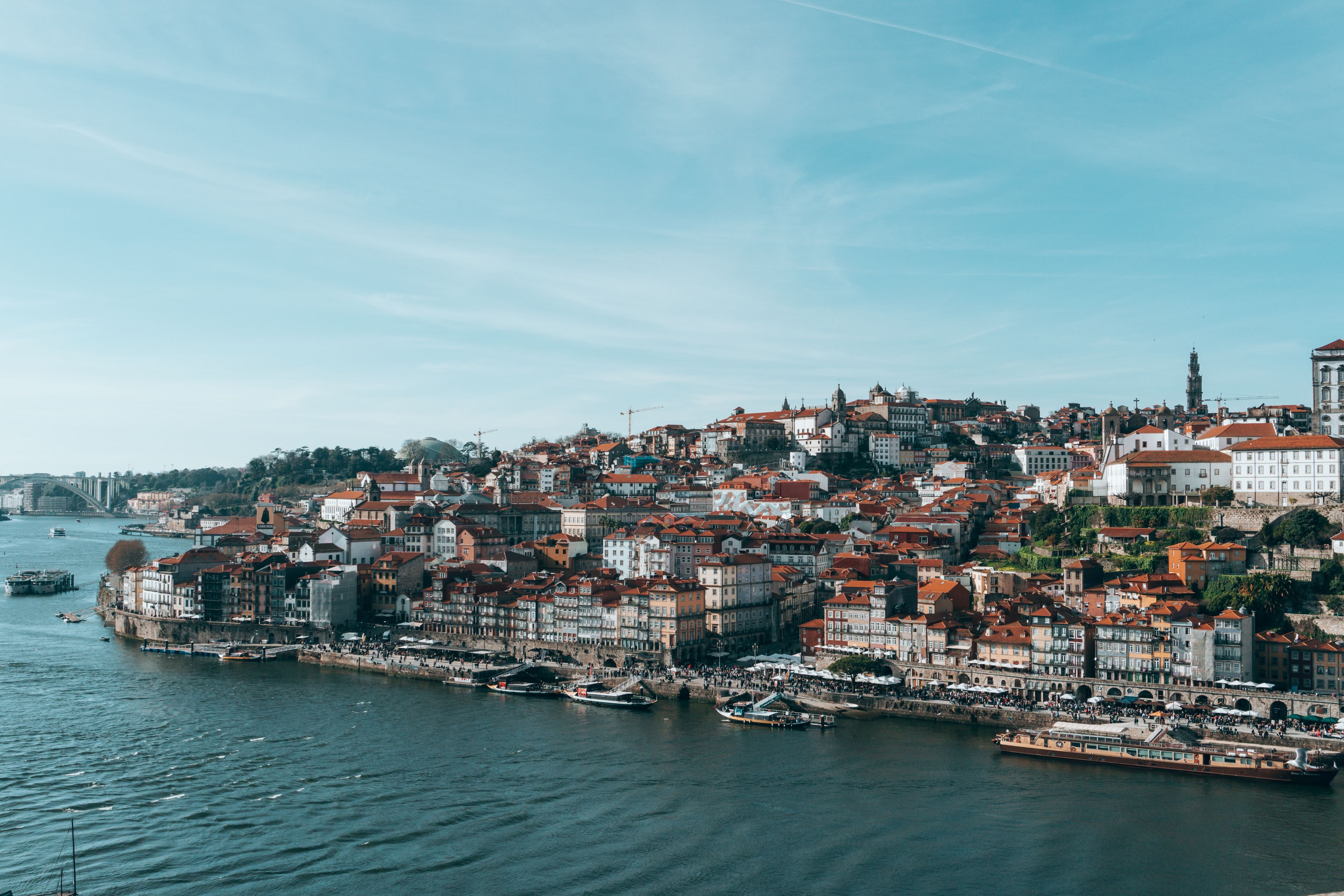 A stunning panoramic view of Porto's historic waterfront, showcasing architectural beauty by the Douro River.
