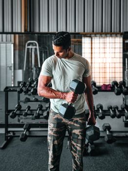 Man working out with dumbbell in gym, showcasing strength and fitness.