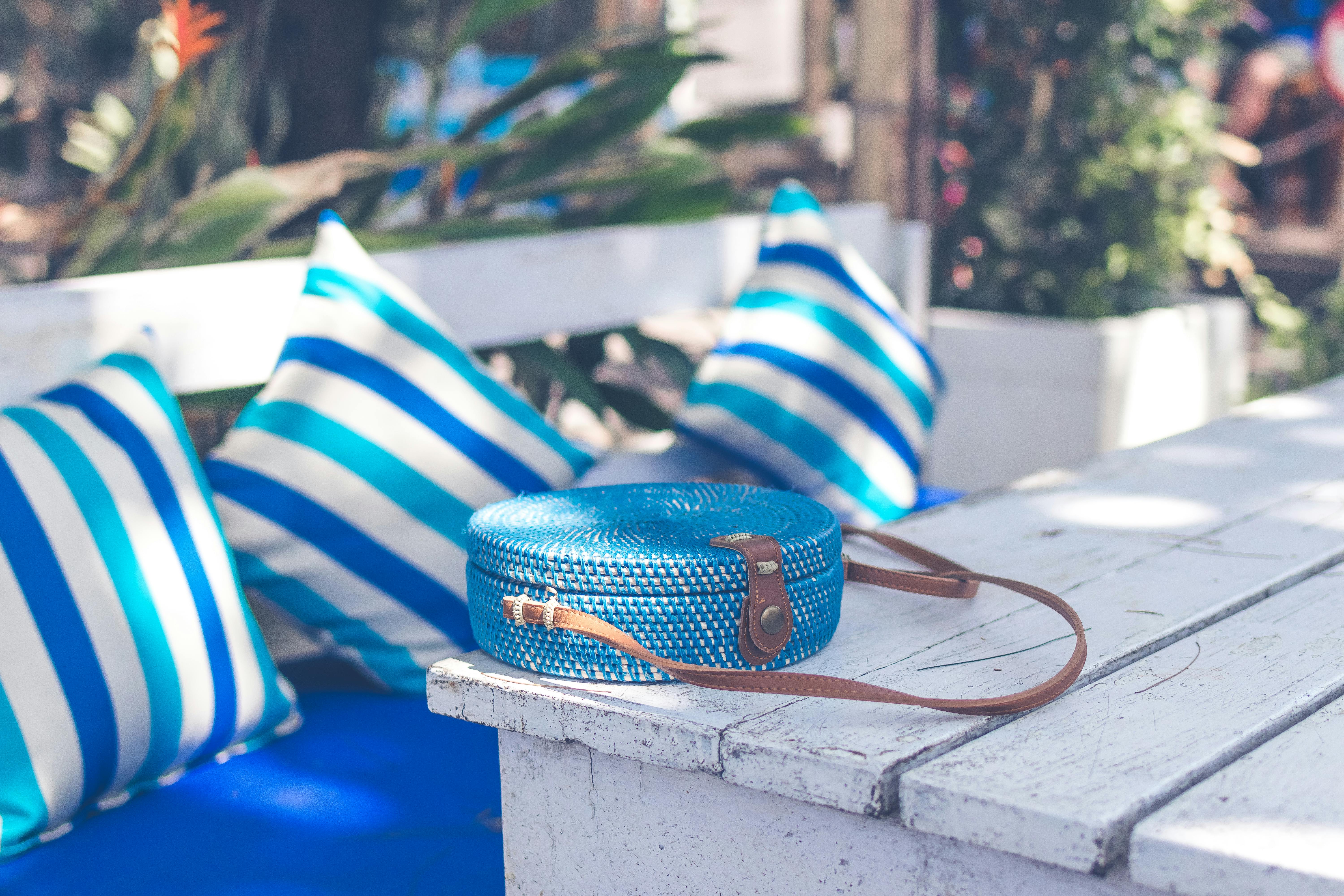 Round Blue Rattan Bag