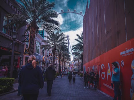 以拉斯维加斯摩天轮为特色的城市街景，展现了城市生活和旅游业的景象