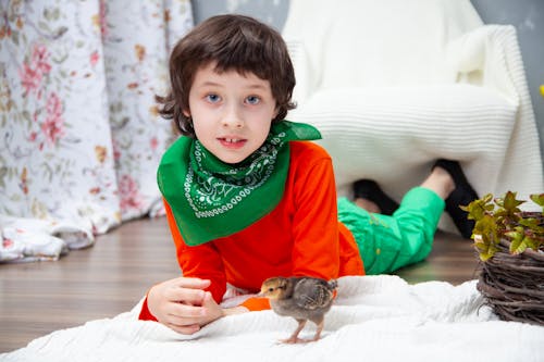 Ondiepe Focusfoto Van Jongen In Rood Shirt Met Lange Mouwen